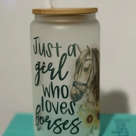 Frosted Glass Tumbler with Horse and sunflower designs glass straw bamboo lid - Picture 1 of 4